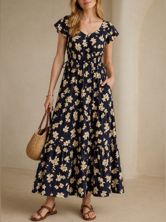 Time and Tru Dresses & Skirts - Time and Tru Navy Floral Cotton Flutter Sleeve Tiered Maxi Dress M Cottagecore